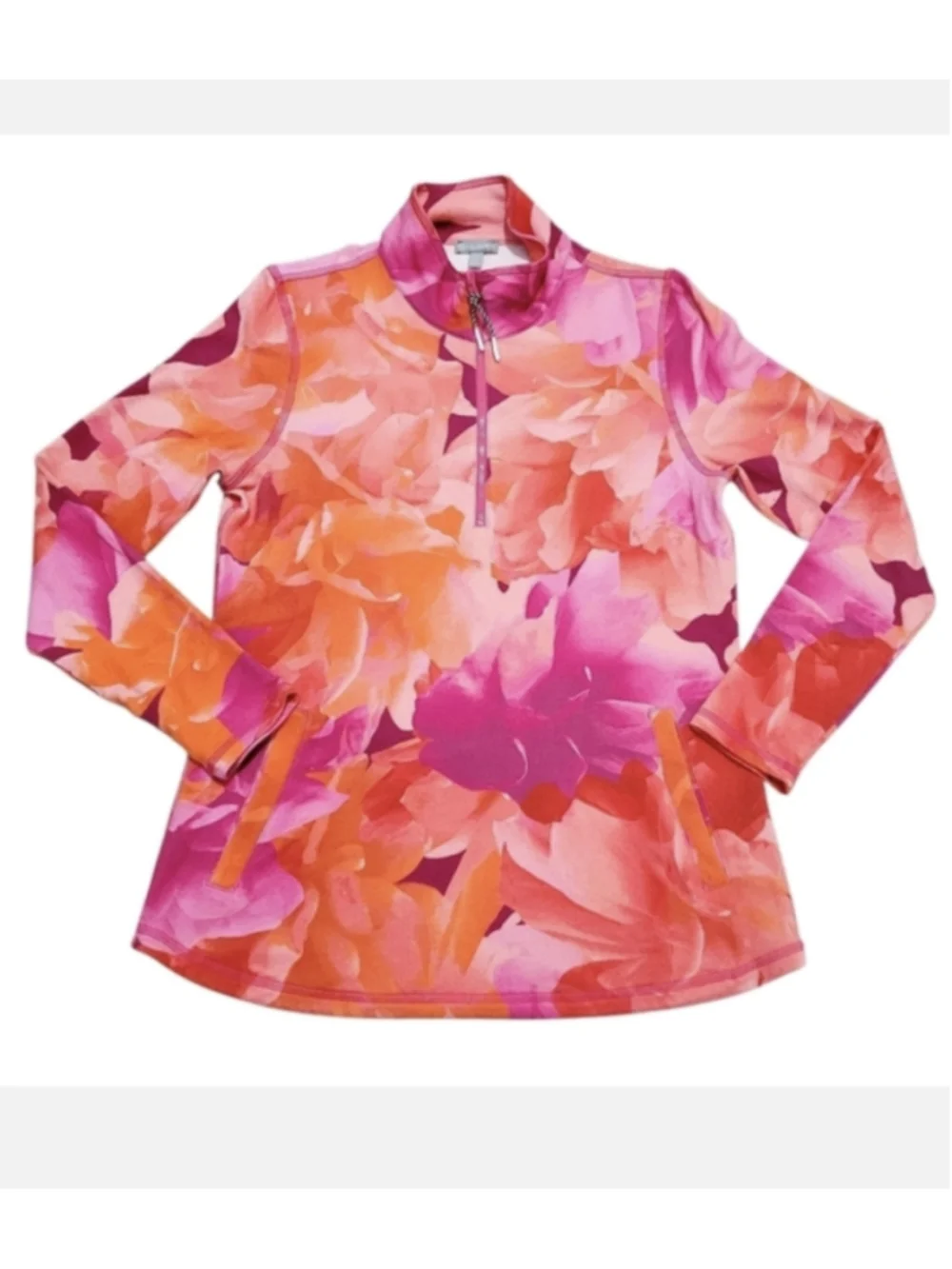 T by Talbots Floral Quarter-Zip Pullover Sweatshirt, Orange Pink sport sz XL